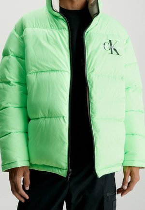 Personne portant une doudoune vert clair avec le logo Calvin Klein sur la poitrine, un t-shirt noir en dessous et un pantalon noir avec une poche zippée.