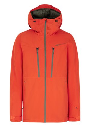 Orange waterproof jacket with a hood, featuring gray zippered pockets, breathable perforations, and adjustable cuffs for a secure fit.