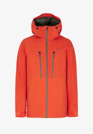 Giacca impermeabile arancione con cappuccio, dotata di tasche grigie con zip, perforazioni traspiranti e polsini regolabili per una vestibilità sicura.