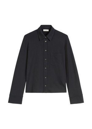 Black long-sleeve shirt made of soft material, featuring a pointed collar, button-down front, single chest pocket, and cuffed sleeves.