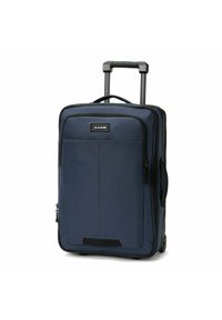 Valigia a rotelle in tessuto blu navy con dettagli neri, manico telescopico e ruote. Include una tasca frontale e una chiusura con cerniera liscia.