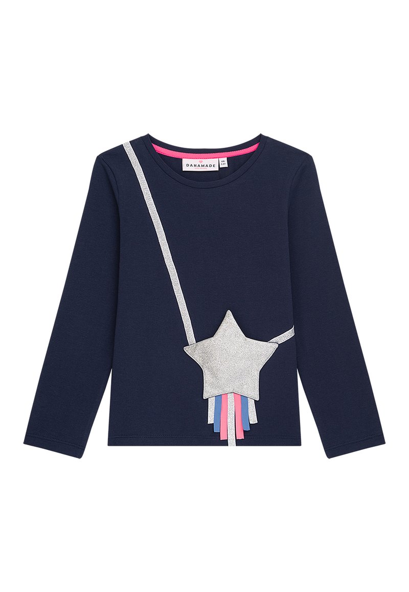 Marinefarbendes Langarm-T-Shirt mit einem silbernen Stern-Design und bunten Bändchenakzenten in Pink und Blau, mit Rundhalsausschnitt und weichem Material.