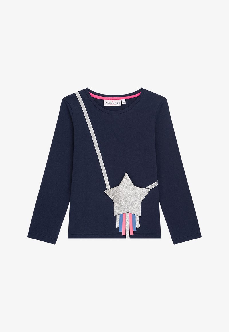 Marinefarbendes Langarm-T-Shirt mit einem silbernen Stern-Design und bunten Bändchenakzenten in Pink und Blau, mit Rundhalsausschnitt und weichem Material.