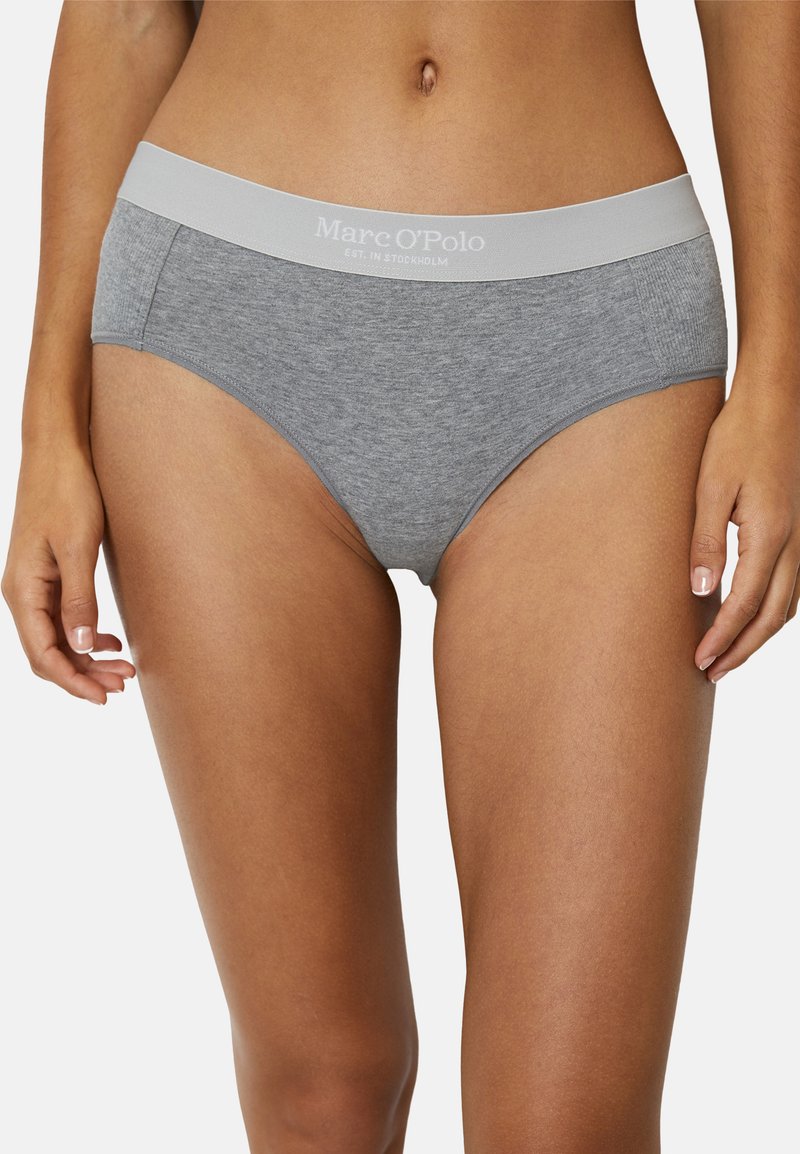 Gray cotton brief with a light gray elastic waistband featuring "Marc O'Polo" logo. The fabric has a smooth texture and simple design.