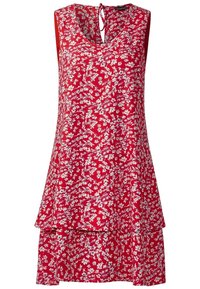 Rotes Kleid mit floralem Muster, ärmelloses Design, V-Ausschnitt und geschichteter Säume. Hergestellt aus leichtem Stoff. Schlüsselauflage-Detail am Rücken.