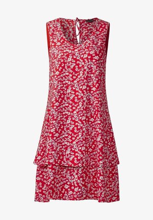 Czerwona sukienka w kwiatowy wzór, bez rękawów, z dekoltem w kształcie litery V i warstwowym dołem. Wykonana z lekkiego materiału. Zapięcie w formie łezki z tyłu.