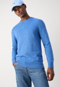 Hellblau gestrickter Pullover mit Rundhalsausschnitt, gerippten Bündchen und Saum. Getragen mit blauen Jeans, die ein kleines Markenetikett am Saum haben.