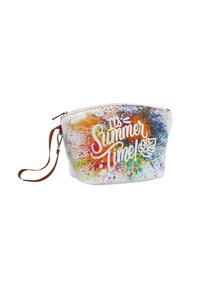 Borsetta in tessuto bianco con stampa a spruzzo colorata. Presenta la scritta "È tempo d'estate!" in caratteri grassetto e un cinturino da polso marrone. Chiusura con zip.