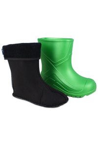 Zwarte textielboot met een corduroy manchet naast een groene kunststof boot met gestructureerde zijkanten en geribbelde zolen. Beide zijn enkellang.