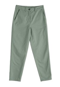 Pantalons droits vert clair en tissu mélangé de coton. Comprend deux poches latérales et une fermeture à bouton à la taille.