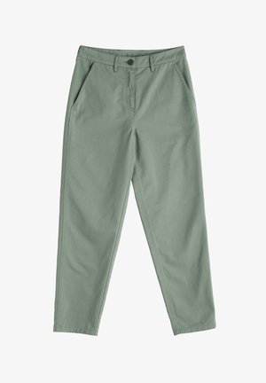 Jasnozielone, proste spodnie wykonane z tkaniny bawełnianej. Posiadają dwie boczne kieszenie i zapięcie na guzik w talii.