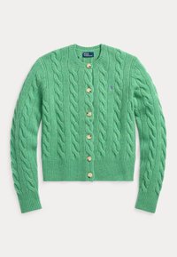 Grön kabelstickad cardigan med rund halsringning, sju knappar och ribbade muddar och fåll. Har strukturerat mönster och liten logotypdetalj.