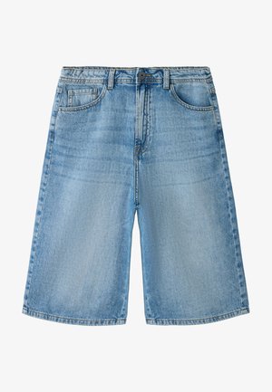 Light blue denim shorts with front button, zipper, belt loops, and five pockets, showing a relaxed fit and faded texture.