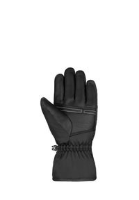 Guanto in pelle nera con fodera interna morbida, caratterizzato da polsini elasticizzati, cuciture bianche a contrasto e una texture liscia.