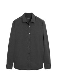 Donkergrijs shirt met lange mouwen van textuurstof, voorzien van een kraag, knopen aan de voorkant en een afgeronde zoom met zichtbare zilveren knopen.