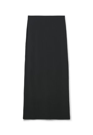 Gonna nera aderente, lunghezza fino al ginocchio, realizzata in tessuto liscio ed elastico con design semplice e senza cuciture visibili o motivi.