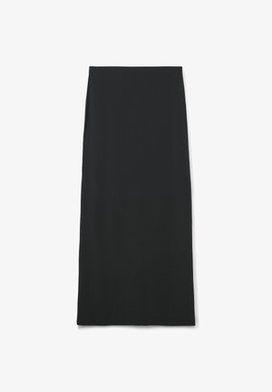 Gonna nera aderente, lunghezza fino al ginocchio, realizzata in tessuto liscio ed elastico con design semplice e senza cuciture visibili o motivi.