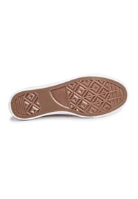 Brown rubber sneaker sole with geometric tread patterns, white sidewalls, and textured ridges for grip. Flat, lightweight design.