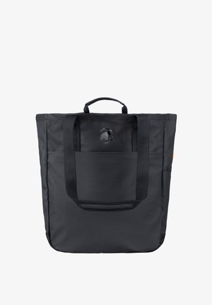 Borsa tote nera realizzata in tessuto resistente, dotata di due manici robusti, una tasca frontale e un logo circolare sulla parte anteriore.