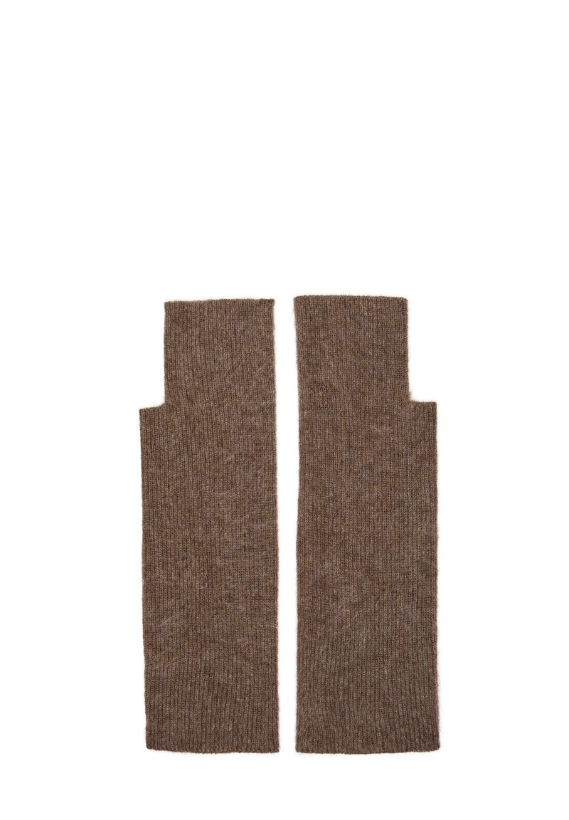 Gants sans doigts en tricot marron avec une texture côtelée, dotés d'une ouverture rectangulaire au niveau du poignet pour un accès facile aux mains.