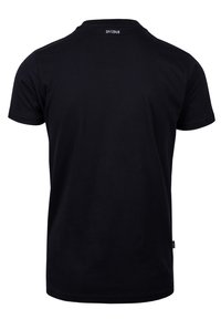 Schwarzes kurzärmeliges T-Shirt mit Rundhalsausschnitt und kleinem Logo auf der Rückseite. Hergestellt aus Baumwolle mit glatter Textur.