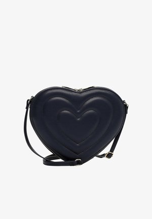 Black leather heart-shaped crossbody bag with quilted double heart design and adjustable strap.