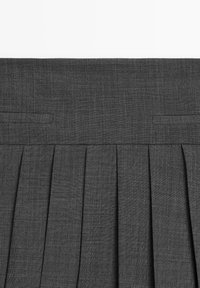 Gonna grigia plissettata con una texture liscia, tasche laterali nascoste e una vita cucita su misura. Adatta per ambienti formali o professionali.