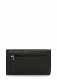 Black leather wallet featuring a textured surface, a zippered pocket on the front, and clean, angular design. Compact and functional.