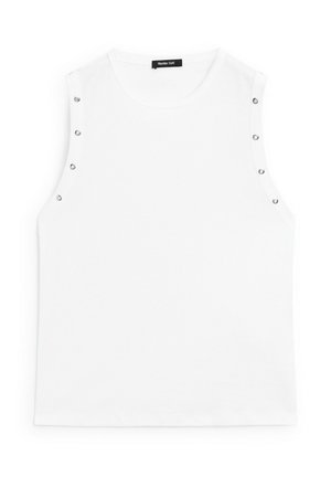 White sleeveless top made of fabric, featuring silver snap accents along the shoulder seam and a rounded neckline.