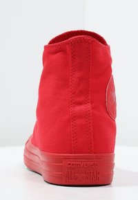 Sneaker Converse All Star rosso altezza alta visto da dietro, che mostra il tessuto cucito e la suola in gomma con il logo del brand.