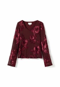 Burgundia pikkade varrukatega topp V-kaelusega, millel on lilleline tikand ja poolläbipaistev tekstuuriga kangas. Rikkalikud lillemustrid on rõhutatud aksessuaaridena.