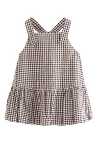 Vestito a quadretti in blu navy, rosso e crema. Presenta spalline regolabili, una gonna svasata e dettagli con bottoni di legno. Tessuto di cotone.