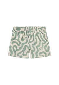 Shorts de bain verts et beiges avec un motif ondulé, taille élastique et détail de logo sur le côté. Fabriqués en tissu léger.