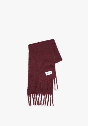 Burgundy scarf made of soft fabric, featuring a fringed edge and a tag labeled "ARCTIC FOX" towards one end.