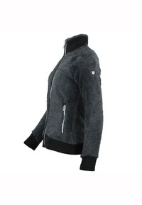 Giacca in pile grigia scura con superficie testurizzata, chiusura a zip completa, colletto alto e polsini neri. Presenta un logo sulla spalla sinistra.