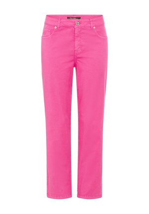 Bright pink straight-leg pants with front button, zip closure, two front pockets, and belt loops, shown on a white background.