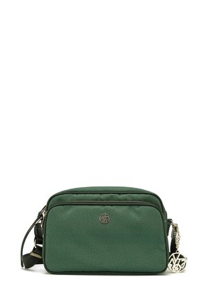 Borsa a tracolla verde con texture, dotata di due scomparti con zip, hardware dorato e un charm decorativo con logo. Inclusa una tracolla regolabile.