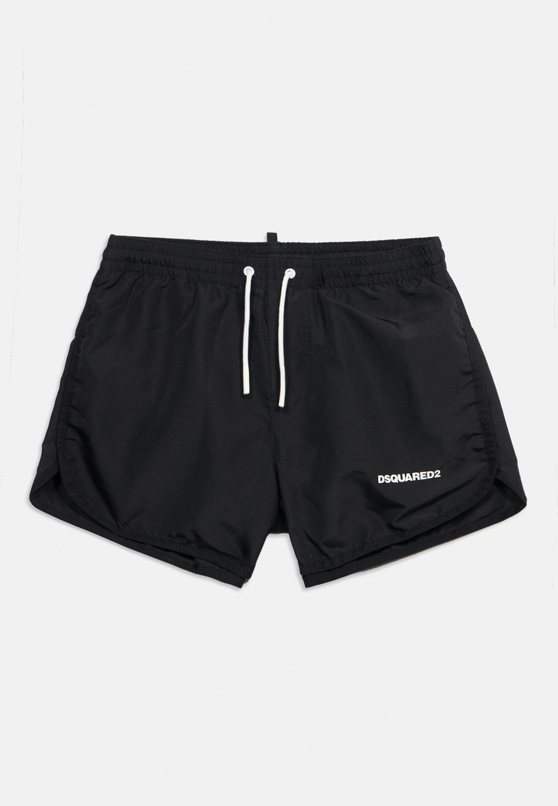 Μαύρο μαγιό ανδρικό σορτς με λευκό κορδόνι και λογότυπο DSQUARED2 στο κάτω δεξί πόδι, με ελαστική μέση και πλαϊνές σχισμές.