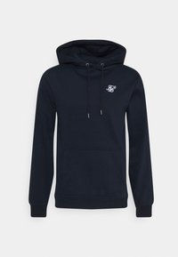 Felpa con cappuccio blu navy, tasca anteriore a marsupio, cappuccio regolabile con coulisse, polsini a costine e logo ricamato bianco sul lato sinistro del petto.
