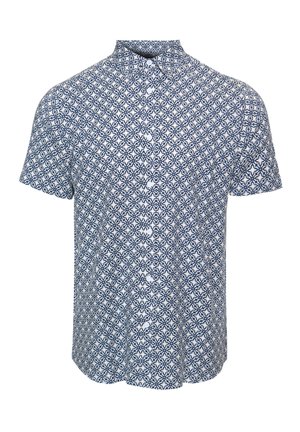 Kortærmet skjorte med knapper, blå og hvid geometrisk blomsterprint og mandarin-krave.