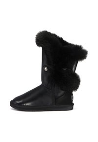 Botas de tobillo de cuero negro con un cuello de pelaje sintético, punta redondeada, acento decorativo de botón y suela plana. Textura suave en toda la bota.