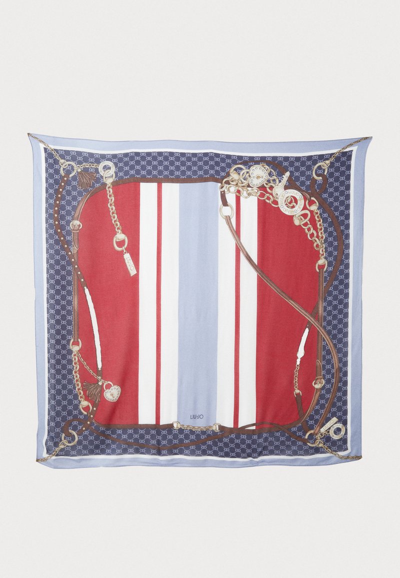 Silk scarf featuring red, blue, and white stripes bordered by a chain design with golden accents and a patterned blue background.