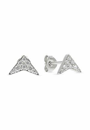 Zilveren triangulaire studs met meerdere kleine heldere edelstenen, getoond in voor- en zijaanzicht op een witte achtergrond.