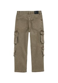 Kaki cargo hlače od mješavine pamuka, s više bočnih džepova, ravnim krojem nogavica i vidljivom oznakom marke na struku.