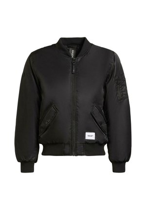 Black bomber jacket made of smooth, padded fabric. Features a zip closure, two angled front pockets, and a zipped sleeve pocket.