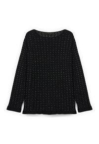 Černý pletený svetr s dlouhými rukávy, s texturovaným vzorem a širokým výstřihem. Lehký, s volným střihem a olemovanými okraji.