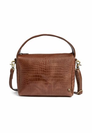 Brązowa torebka z teksturowanej skóry z uchwytem u góry i odpinanym paskiem na ramię, wyposażona w zamek błyskawiczny i złote okucia.