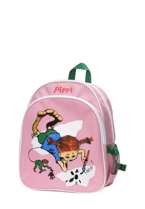 Pink children's backpack with a cartoon girl with red braids drawing with scissors and a small monkey, labeled "Pippi" at the top.
