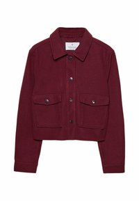 Bordeaux cropped jakke lavet af stof med en blød tekstur. Har en krave, to frontlommer og sølvknapper.