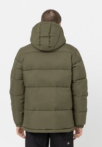 Kurtka puchowa w kolorze oliwkowej zieleni z kapturem, z pikowanym wzorem, elastycznymi mankietami i luźnym krojem. Gładka tekstura, minimalne zdobienia.